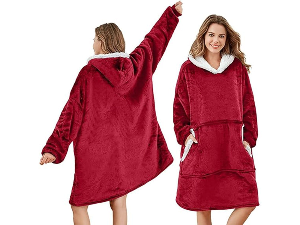Šiltas megztinis oversize antklodė xxl 2in1 storas kailis minkštas gobtuvas su gobtuvu chalatas, Raudona, Szín, Piros