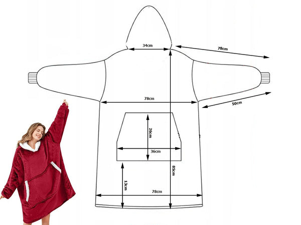 Šiltas megztinis oversize antklodė xxl 2in1 storas kailis minkštas gobtuvas su gobtuvu chalatas, Raudona, Szín, Piros