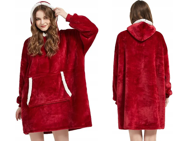 Šiltas megztinis oversize antklodė xxl 2in1 storas kailis minkštas gobtuvas su gobtuvu chalatas, Raudona, Szín, Piros