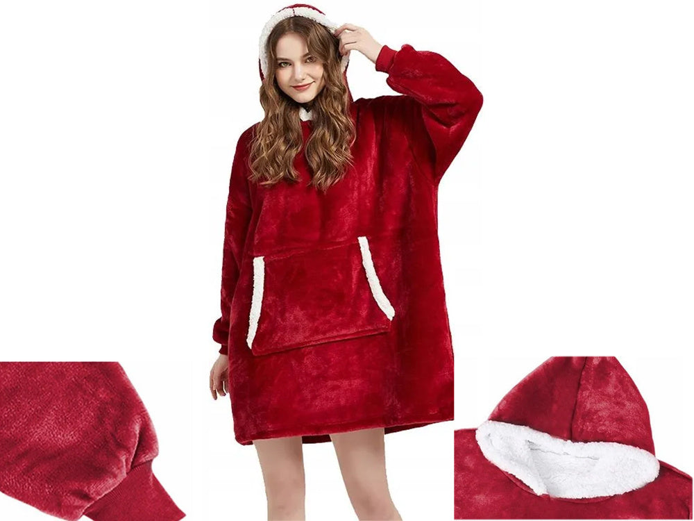 Šiltas megztinis oversize antklodė xxl 2in1 storas kailis minkštas gobtuvas su gobtuvu chalatas, Raudona, Szín, Piros