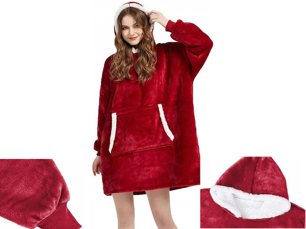 Šiltas megztinis oversize antklodė xxl 2in1 storas kailis minkštas gobtuvas su gobtuvu chalatas, Raudona, Szín, Piros