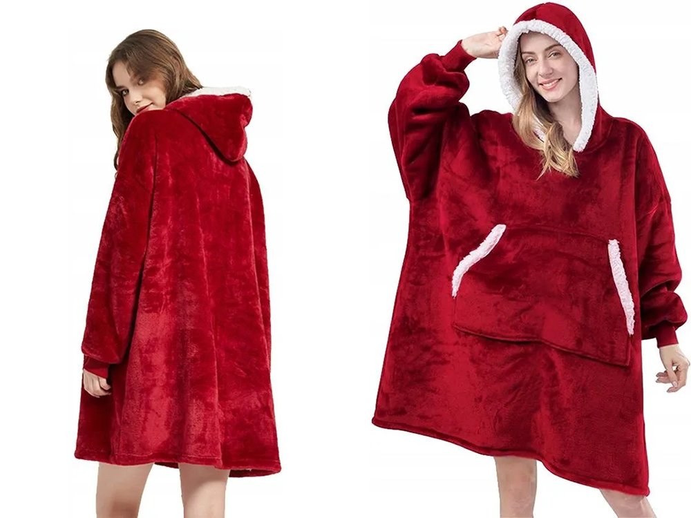 Šiltas megztinis oversize antklodė xxl 2in1 storas kailis minkštas gobtuvas su gobtuvu chalatas, Raudona, Szín, Piros