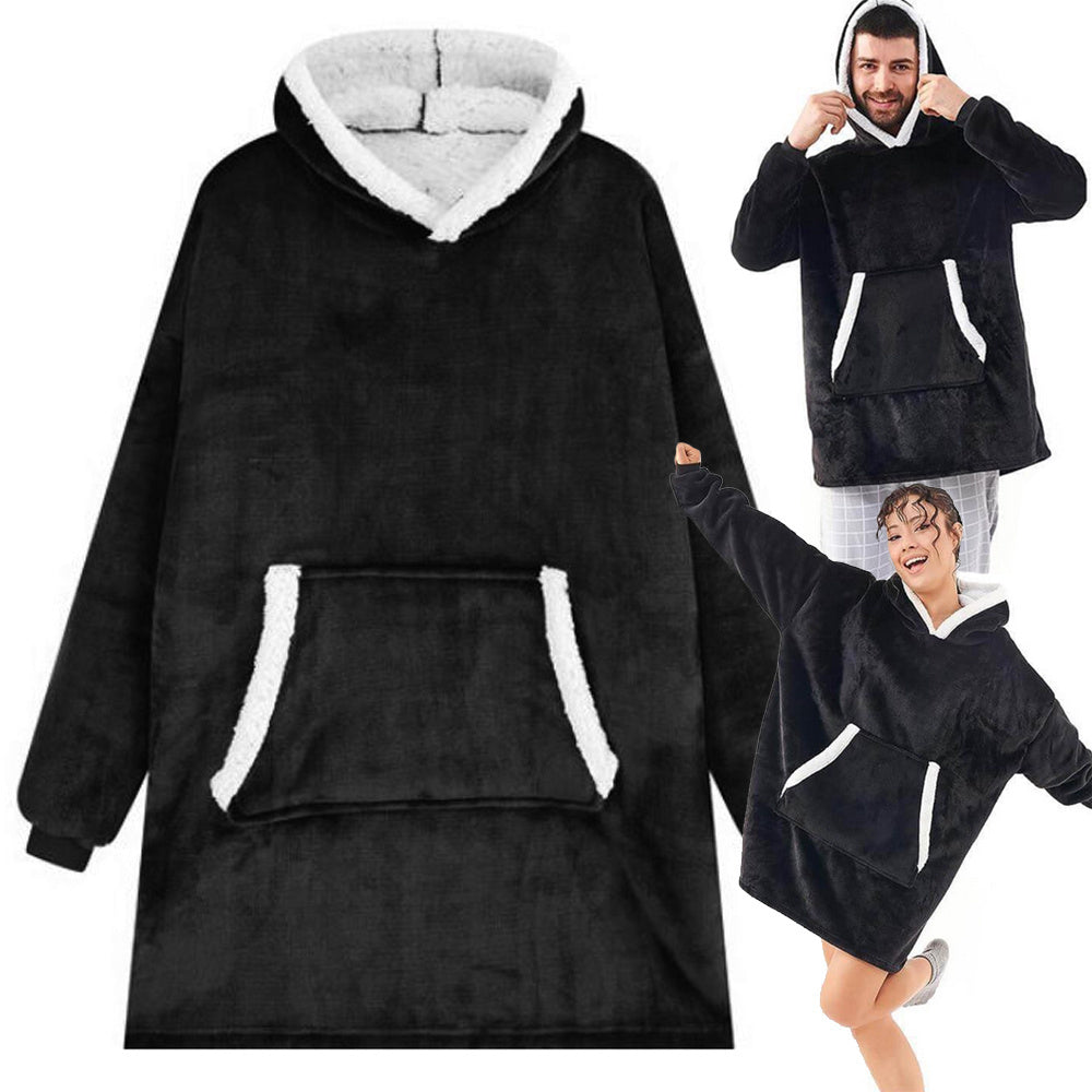 Šiltas megztinis oversize antklodė xxl 2in1 storas kailis minkštas gobtuvas su gobtuvu chalatas, Juoda, Szín, Fekete