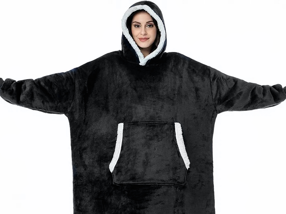Šiltas megztinis oversize antklodė xxl 2in1 storas kailis minkštas gobtuvas su gobtuvu chalatas, Juoda, Szín, Fekete