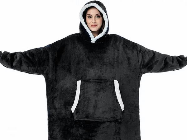 Šiltas megztinis oversize antklodė xxl 2in1 storas kailis minkštas gobtuvas su gobtuvu chalatas, Juoda, Szín, Fekete