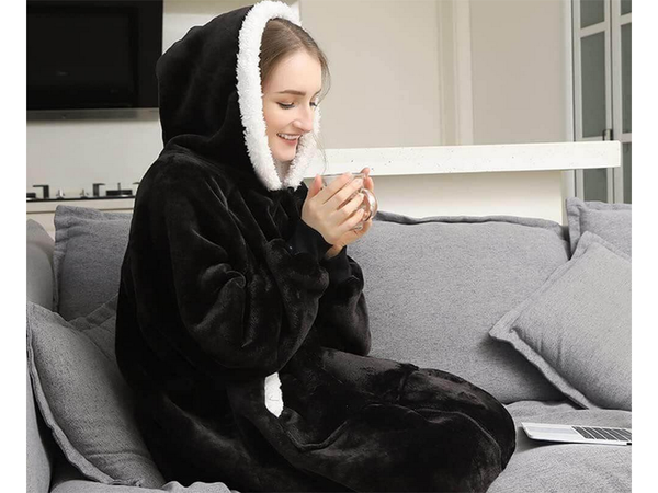Šiltas megztinis oversize antklodė xxl 2in1 storas kailis minkštas gobtuvas su gobtuvu chalatas, Juoda, Szín, Fekete