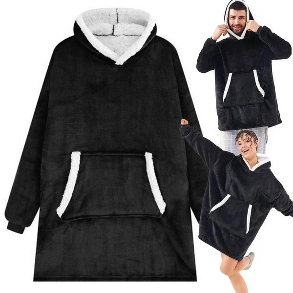 Šiltas megztinis oversize antklodė xxl 2in1 storas kailis minkštas gobtuvas su gobtuvu chalatas, Juoda, Szín, Fekete