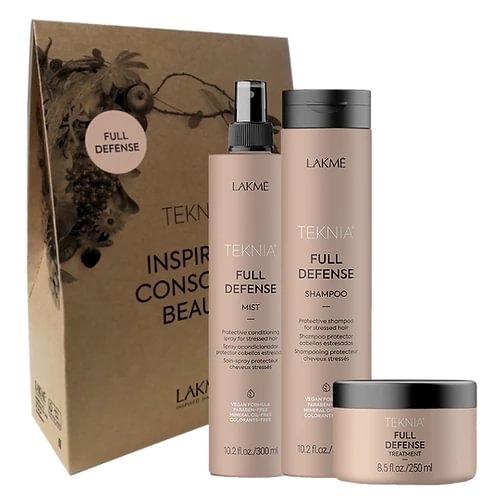 Lakme Teknia Full Defense Retail rinkinys: šampūnas 300 ml, atstatomoji priemonė 250 ml, dulksna 300 ml