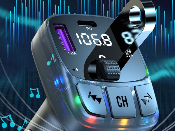 Automobilių mp3/wma transmitteris 2xusb + usb c bluetooth 5.3 led qc 3.0