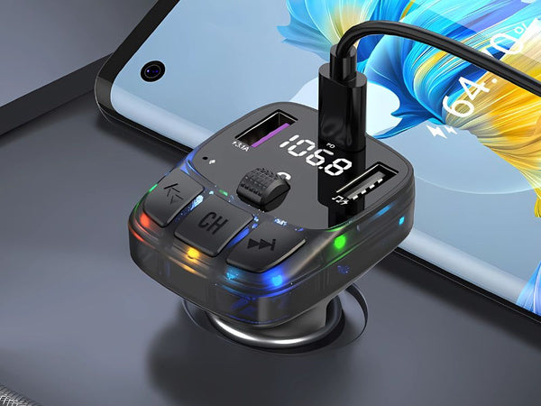 Automobilių mp3/wma transmitteris 2xusb + usb c bluetooth 5.3 led qc 3.0