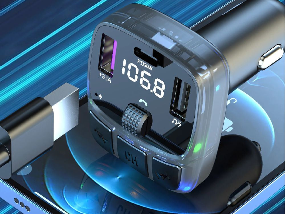 Automobilių mp3/wma transmitteris 2xusb + usb c bluetooth 5.3 led qc 3.0
