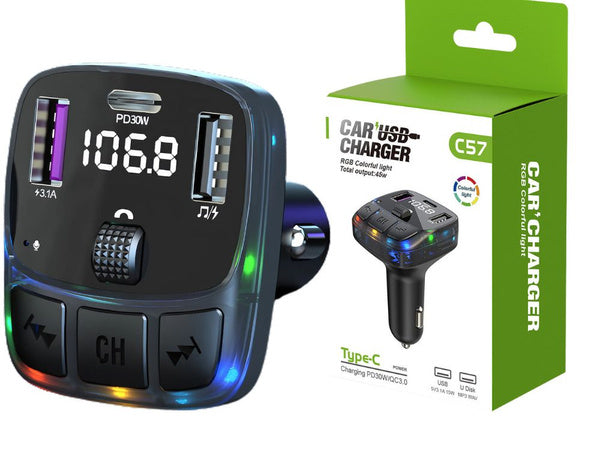 Automobilių mp3/wma transmitteris 2xusb + usb c bluetooth 5.3 led qc 3.0
