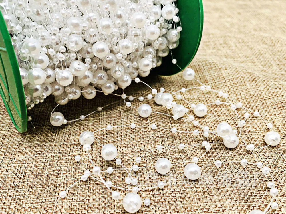 Perlamutriniai balti liustros perlai kalėdinės eglutės grandinės karoliukai ritė 10mm 5m