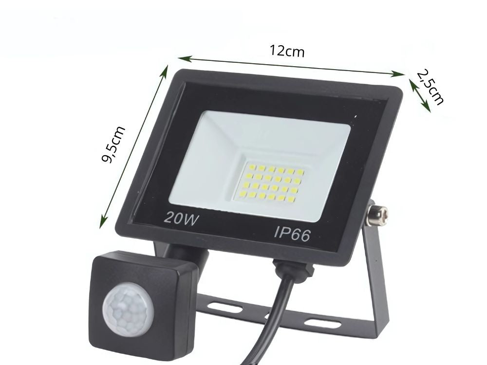 LED halogeninis prožektorius 20W su jutikliu (6000K, IP66)