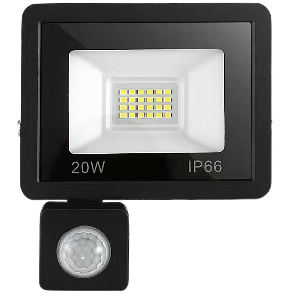 LED halogeninis prožektorius 20W su jutikliu (6000K, IP66)