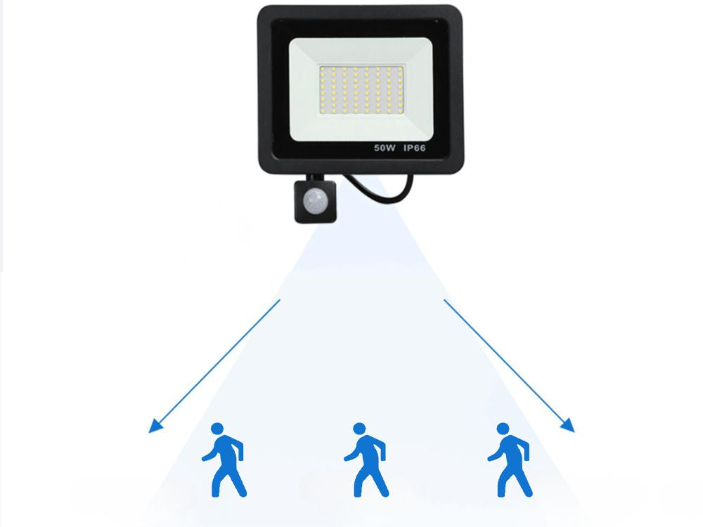 LED halogeninis prožektorius 50W su jutikliu (6000K, IP66)