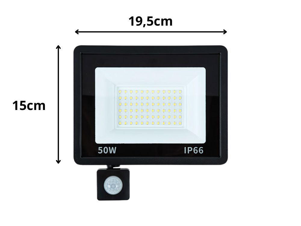 LED halogeninis prožektorius 50W su jutikliu (6000K, IP66)