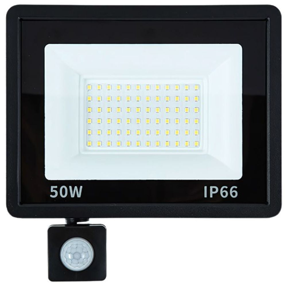 LED halogeninis prožektorius 50W su jutikliu (6000K, IP66)