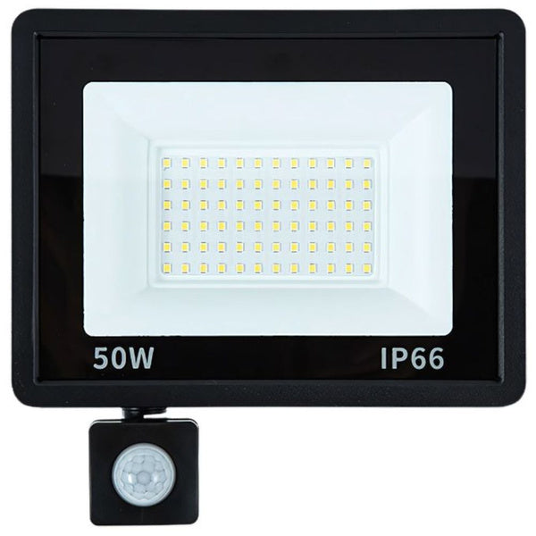 LED halogeninis prožektorius 50W su jutikliu (6000K, IP66)