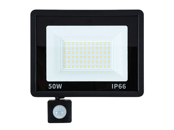 LED halogeninis prožektorius 50W su jutikliu (6000K, IP66)