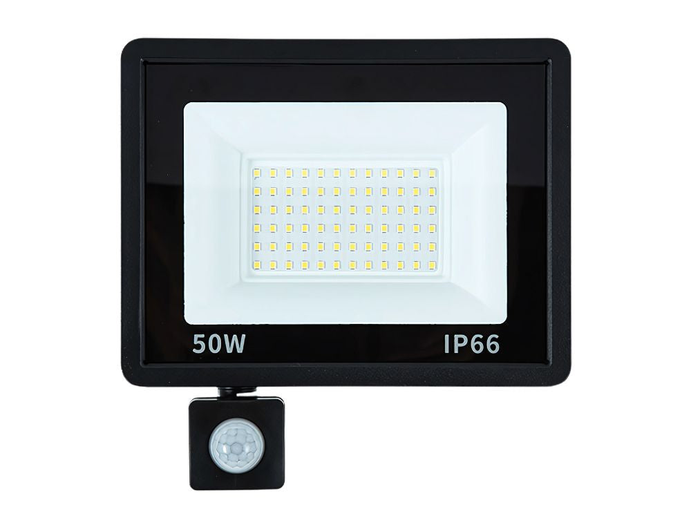 LED halogeninis prožektorius 50W su jutikliu (6000K, IP66)