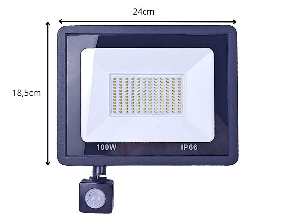 LED halogeninis prožektorius 100W su jutikliu (6000K, IP66)