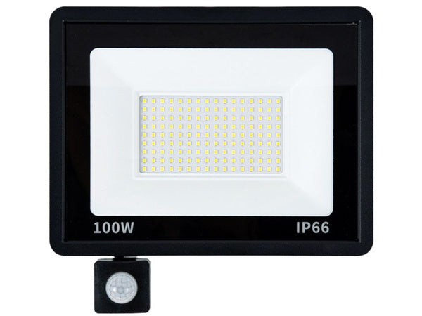 LED halogeninis prožektorius 100W su jutikliu (6000K, IP66)