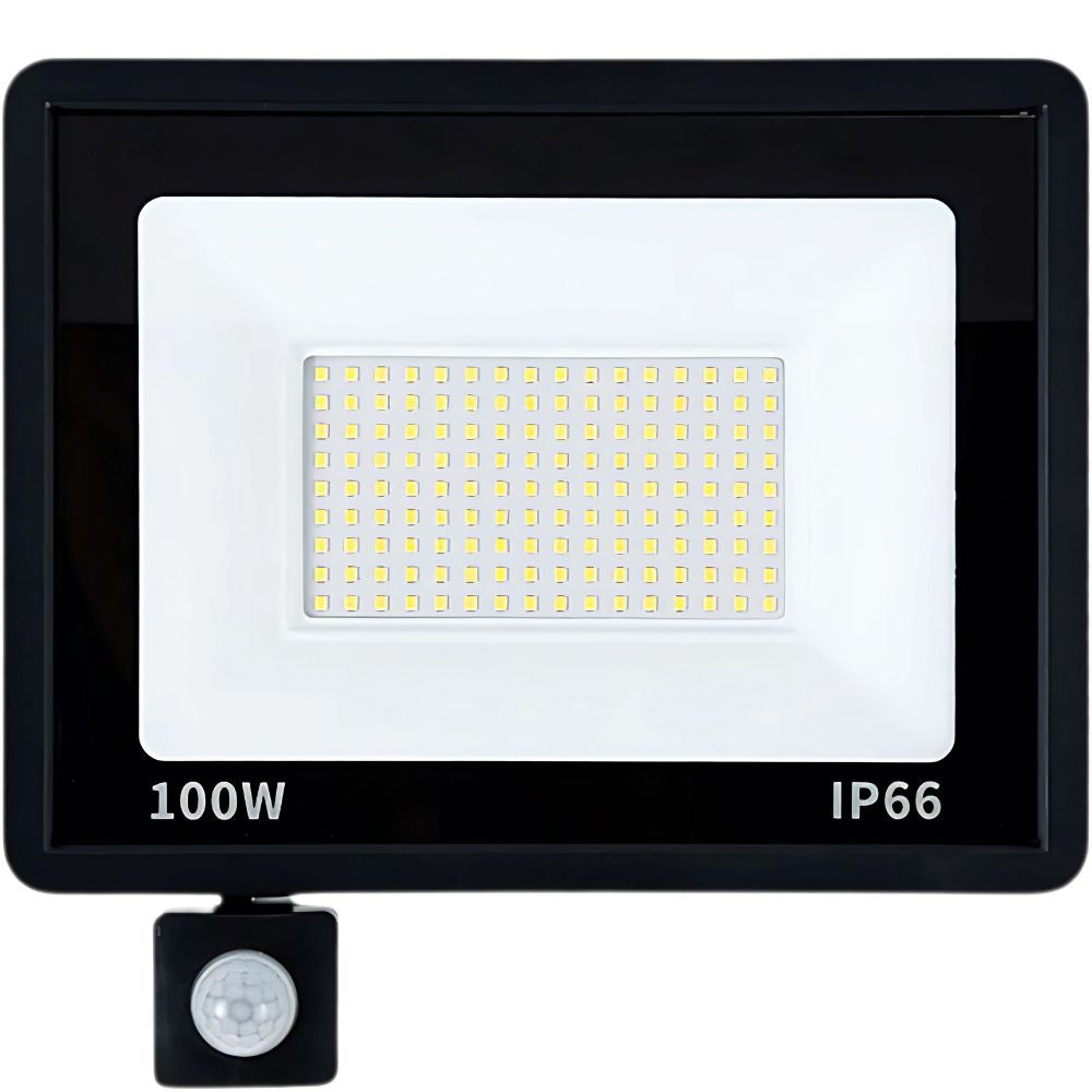 LED halogeninis prožektorius 100W su jutikliu (6000K, IP66)