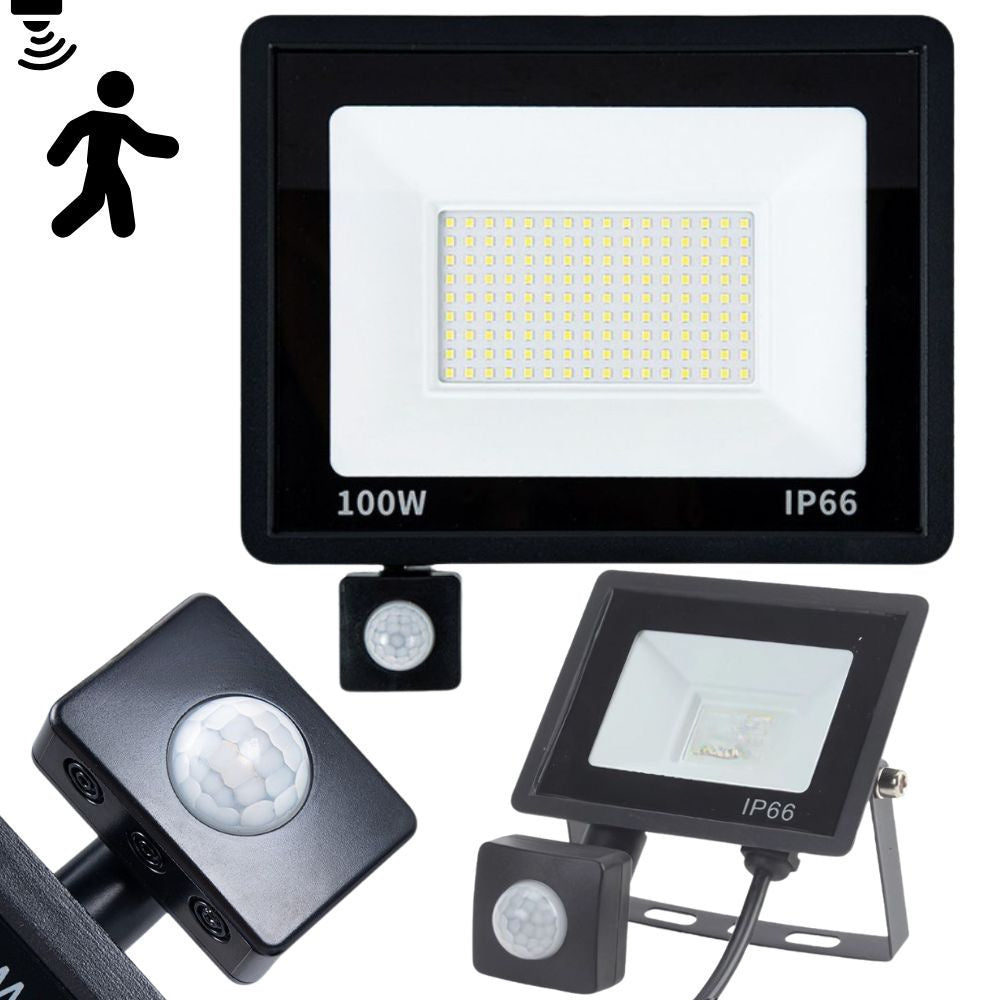 LED halogeninis prožektorius 100W su jutikliu (6000K, IP66)