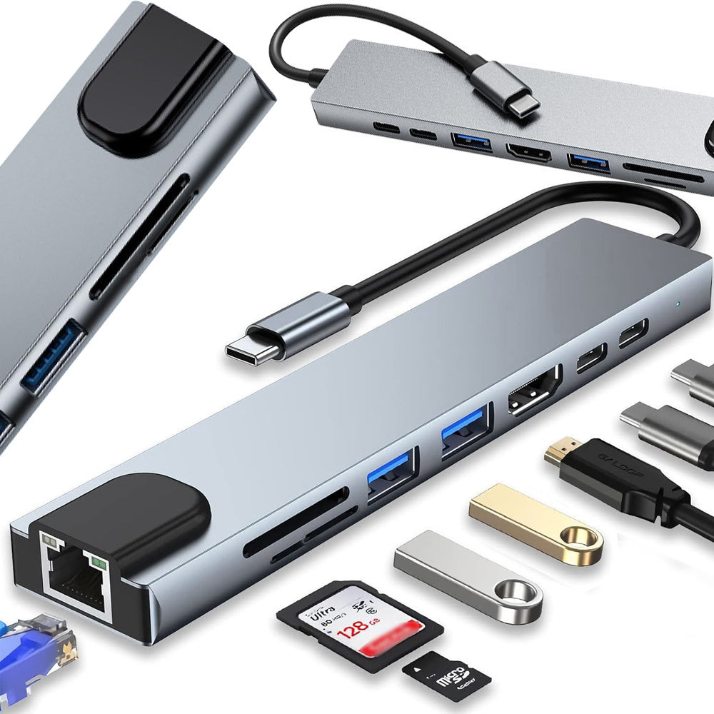 8-in-1 HUB adapteris: 2x USB-C, 2x USB, HDMI, SD, RJ45