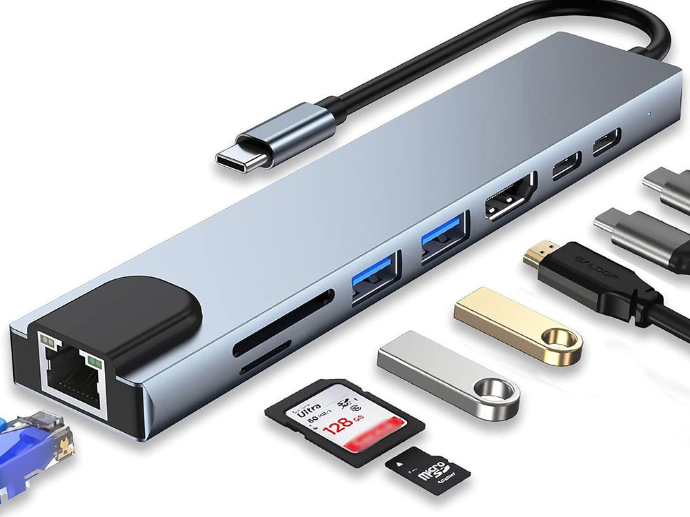 8-in-1 HUB adapteris: 2x USB-C, 2x USB, HDMI, SD, RJ45