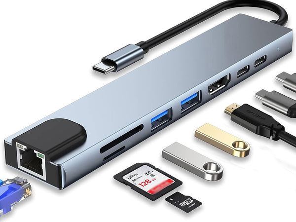 8-in-1 HUB adapteris: 2x USB-C, 2x USB, HDMI, SD, RJ45