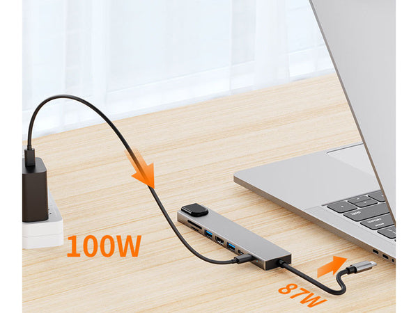 8-in-1 HUB adapteris: 2x USB-C, 2x USB, HDMI, SD, RJ45