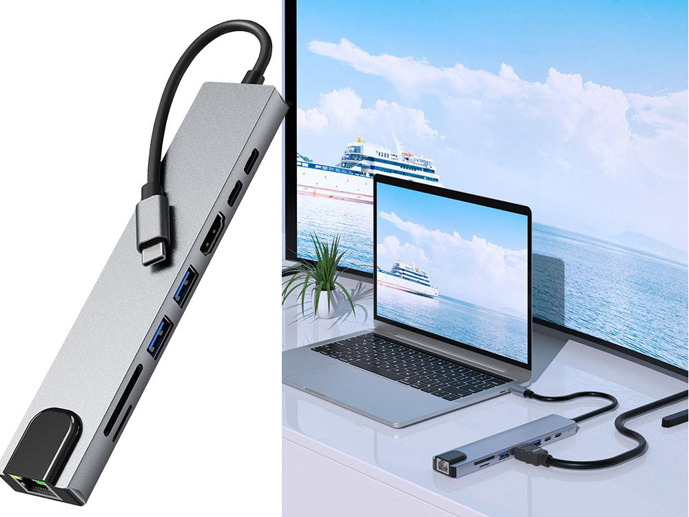8-in-1 HUB adapteris: 2x USB-C, 2x USB, HDMI, SD, RJ45