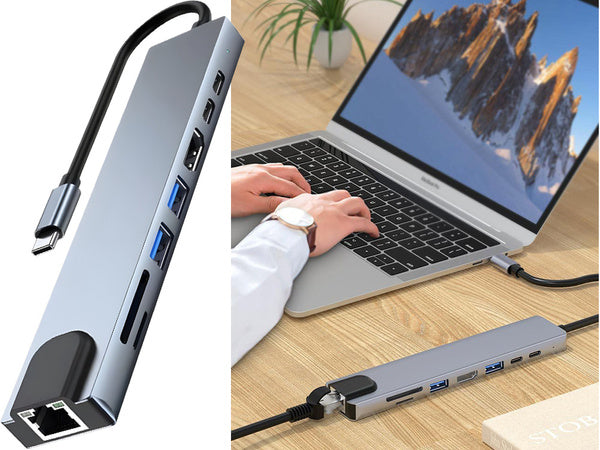8-in-1 HUB adapteris: 2x USB-C, 2x USB, HDMI, SD, RJ45