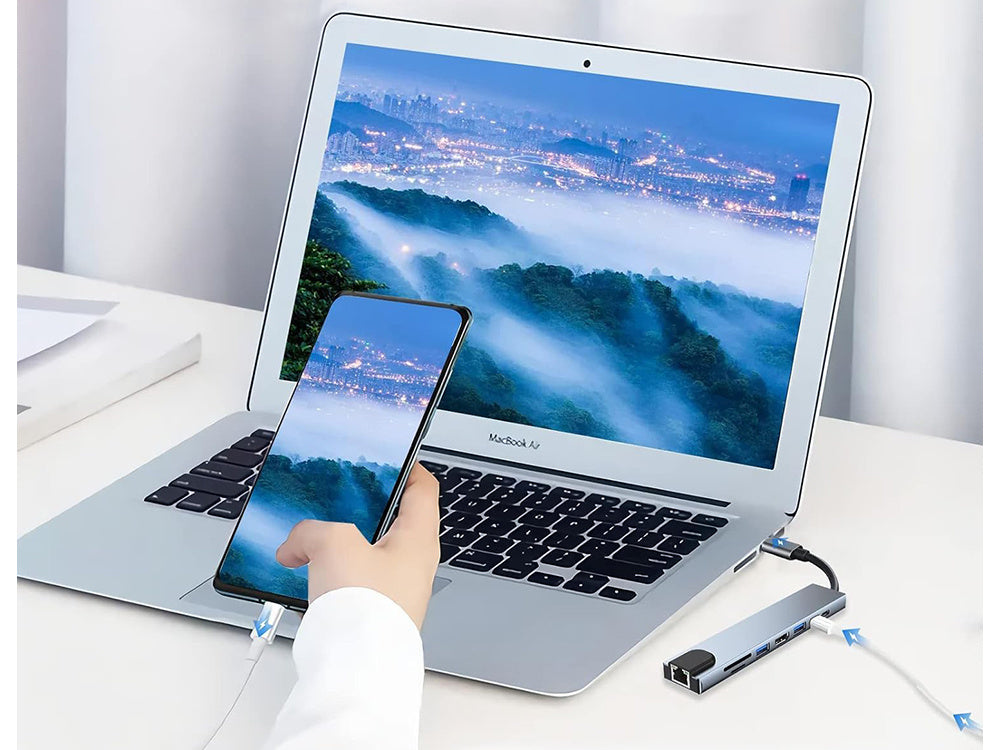 8-in-1 HUB adapteris: 2x USB-C, 2x USB, HDMI, SD, RJ45
