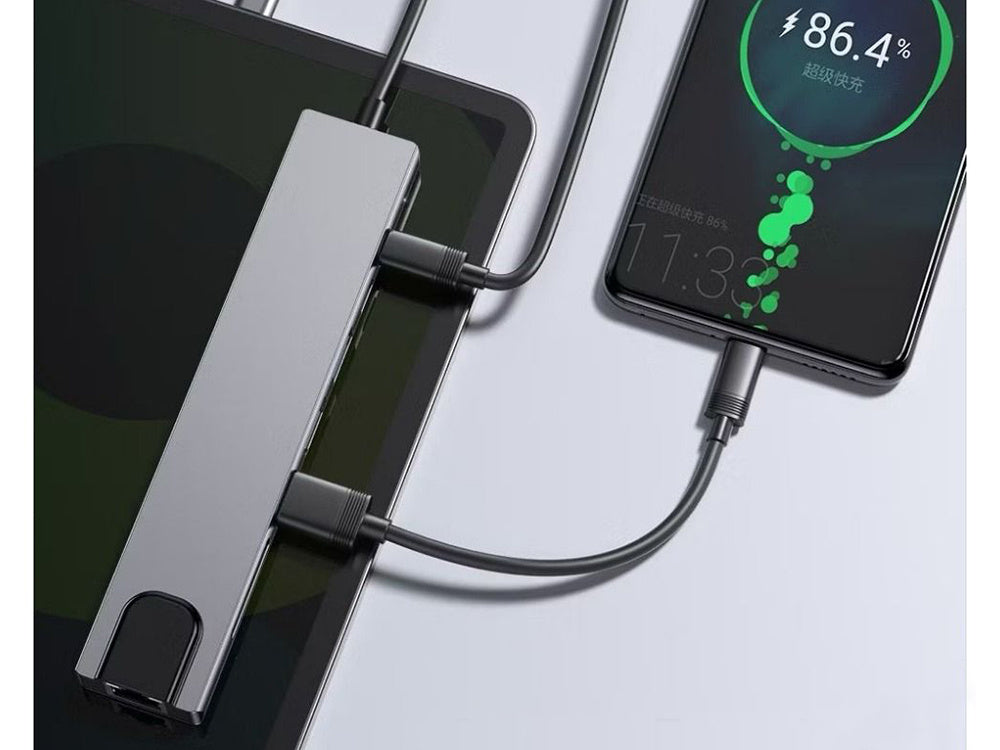 8-in-1 HUB adapteris: 2x USB-C, 2x USB, HDMI, SD, RJ45