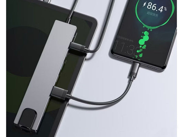 8-in-1 HUB adapteris: 2x USB-C, 2x USB, HDMI, SD, RJ45