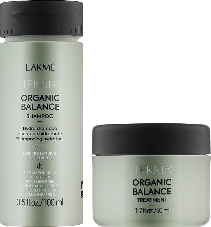 Lakme Teknia Travel Pack Organic Balance: Šampūnas 100 ml + atstatomoji plaukų priemonė 100 ml