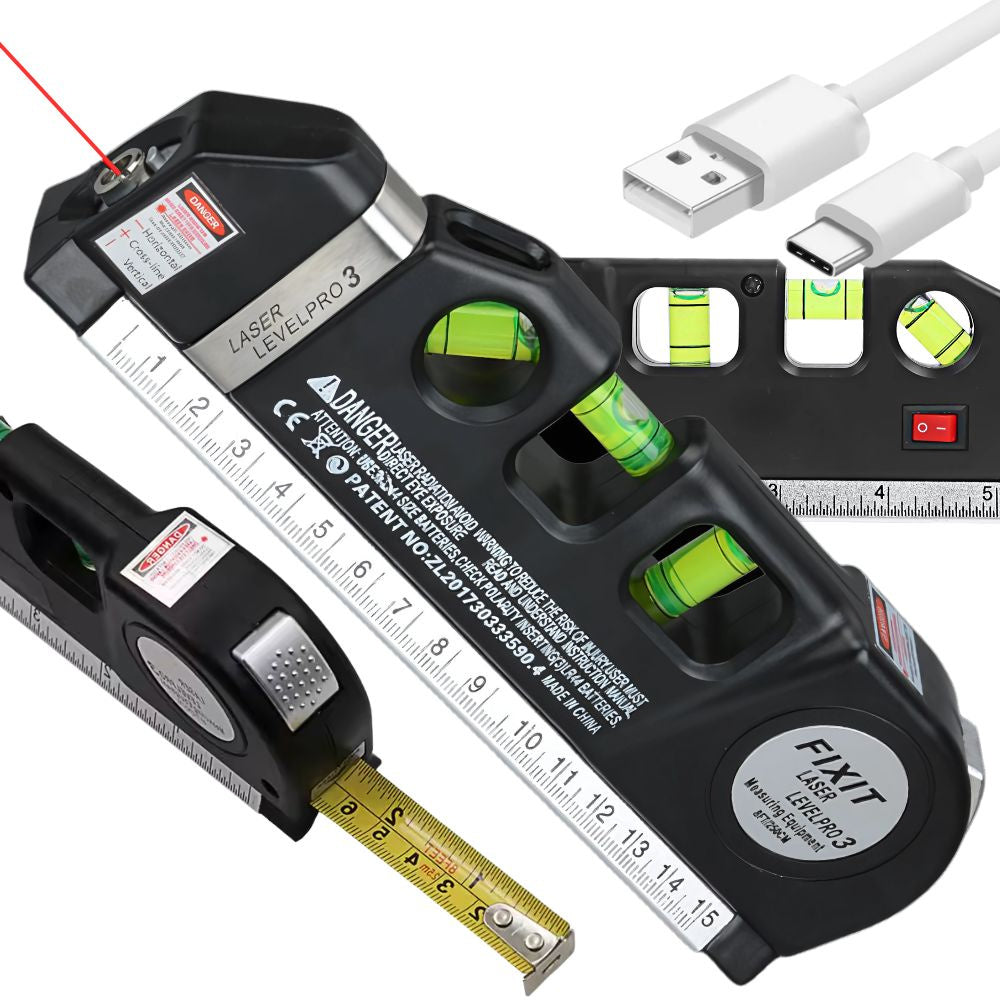 Tikslus lazerinis gulsčiukas su 2,5 m matavimo juosta lazerinis 3 led režimai usb