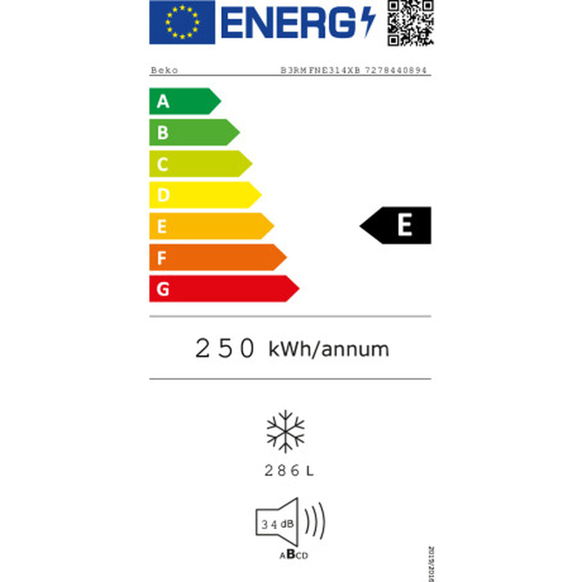 Šaldiklis BEKO B3RMFNE314XB Plienas 185 x 60 cm