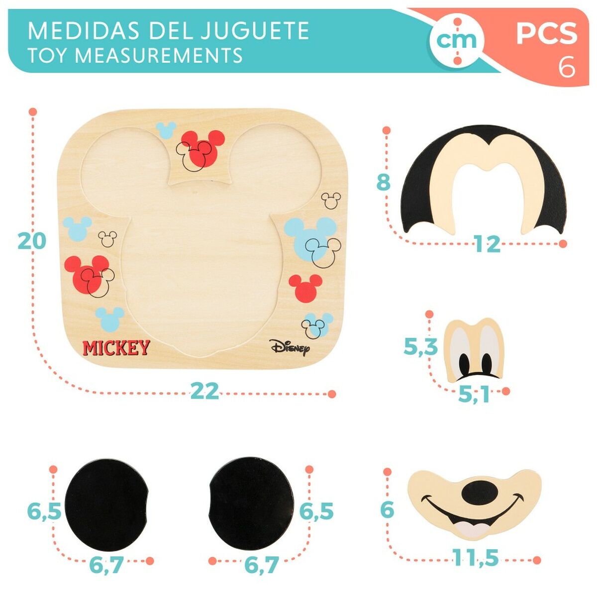 Vaikiška medinė puzlė Disney Mickey Mouse + 12 metų 6 Dalys (12 vnt.)