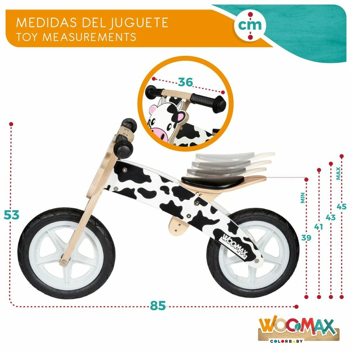 Motociklas-vežimėlis Woomax 85 x 37 x 53 cm 12" Karvė Be pedalų