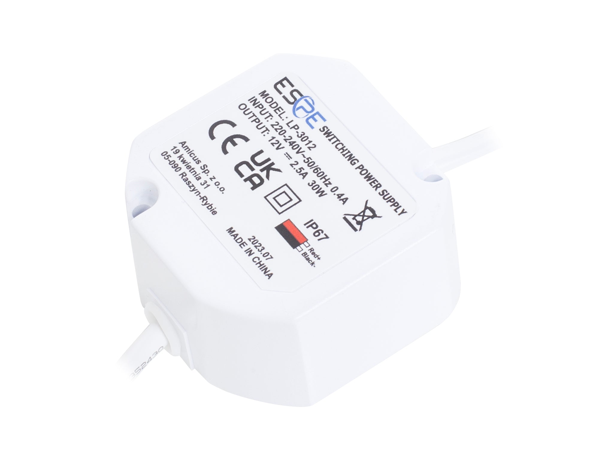 Impulsinis maitinimo šaltinis ESPE LP-3012 (30W, 2.5A/12V, hermetinis IP67, 50x47x25)