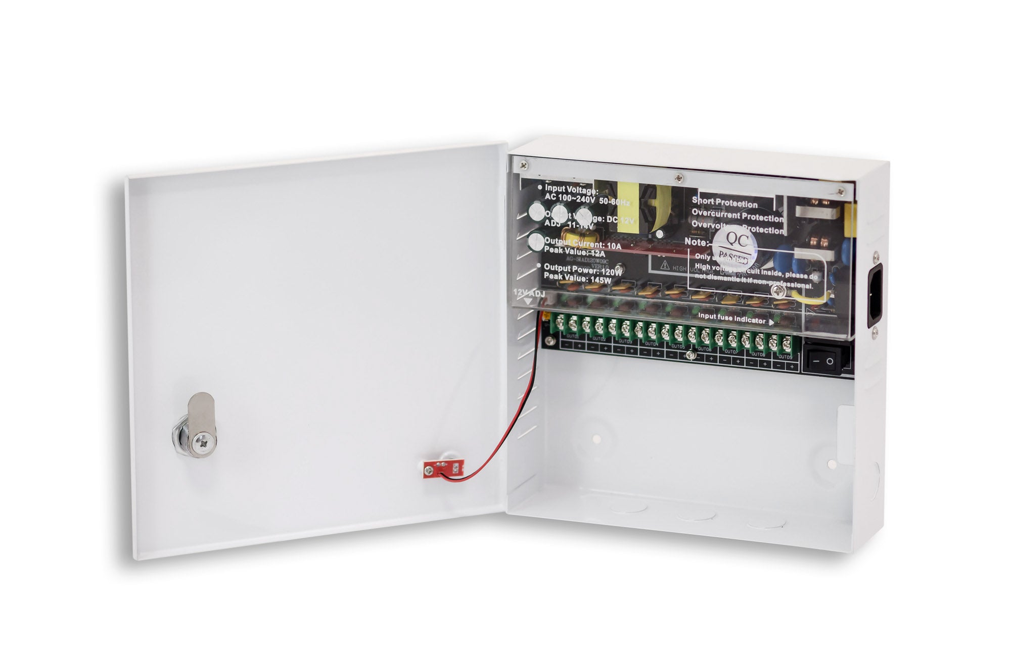 Maitinimo blokas su korpusu PowerBubble PBWD1210-09C (10A/12V, 9 išėjimai su saug.)