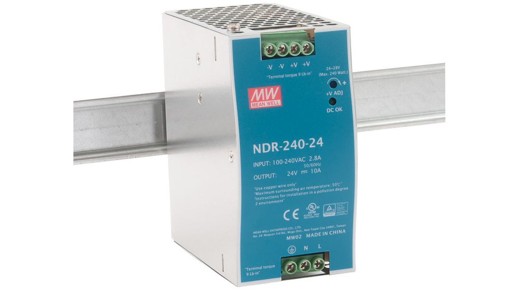 Impulsinis maitinimo šaltinis 24V 240W 10A, tvirtinamas ant DIN bėgio, MEAN WELL, NDR-240-24