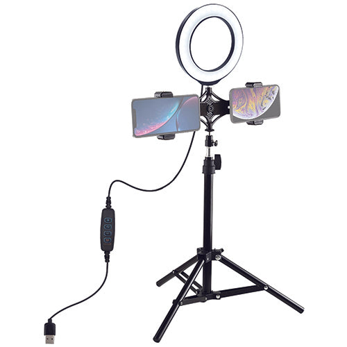 LED žiedinė lempa 16cm, su trikoju stovu iki 70cm ir dvigubu telefono laikikliu, USB