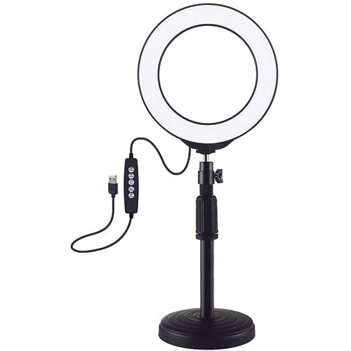 LED žiedinė lempa 16cm, su stovu iki 33cm, USB, RGBW