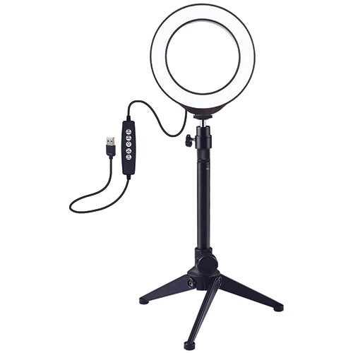 LED žiedinė lempa 12cm, su trikoju staliniu stovu iki 24.5cm, USB, RGBW