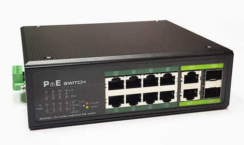 Industrinis PoE šakotuvas 100Mbps 8portų+2G uplink RJ45 arba SFP portai, -40 °C, IEEE802.3af/at